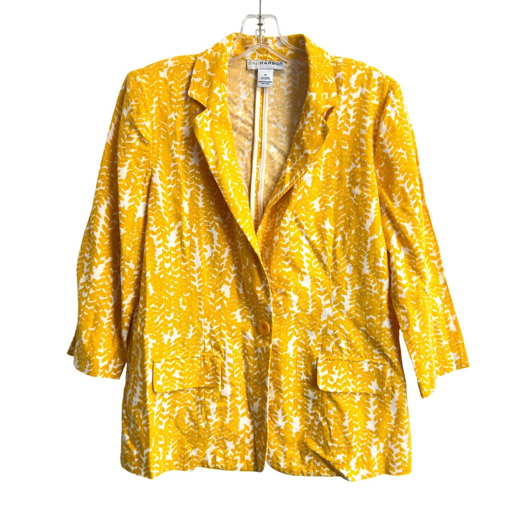 Sag Harbor Yellow White Leaf Print Linen Blend Blazer Jacket Womens Medium